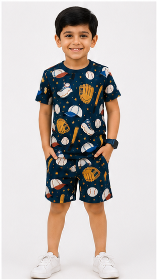 Baseball Sports Print Kids Co-Ord Set – Cotton T-Shirt & Shorts Summer Outfit for Boys