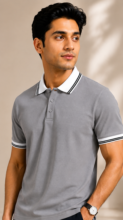 Men’s Premium Light Grey Polo T-Shirt with White Contrast Collar & Sleeve Stripes