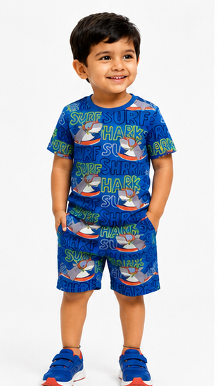 Boys Surf Shark Printed Co-ord Set – Beach Style Cotton T-Shirt & Shorts Set
