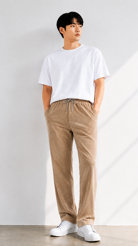 Horcun Men's Sand Beige Corduroy Drawstring Trousers | Premium Casual Pants