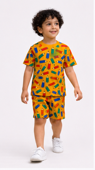Colorful Pencil Print Kids Co-Ord Set – Cotton T-Shirt & Shorts Summer Outfit for Boys & Girls