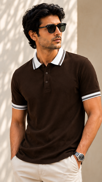 Men’s Premium Coffee Brown Polo T-Shirt with White Contrast Collar & Sleeve Stripes