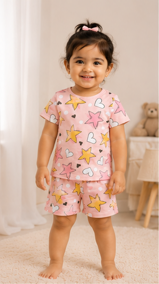 Star & Heart Kids Co-Ord Set – Pink Printed T-Shirt & Shorts for Girls
