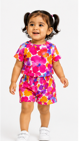Vibrant Watercolor Floral Kids Co-Ord Set – Multicolor Abstract Flower Print T-Shirt & Shorts for Girls