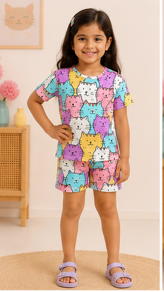 Cute Cat Print Kids Co-Ord Set – Multicolor Cartoon Kitty Cotton T-Shirt & Shorts