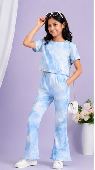 Girls Sky Blue Marble Co-Ord Set | Kids Crop Top & Bell Bottom Pants Outfit | Trendy Western Wear for Girls