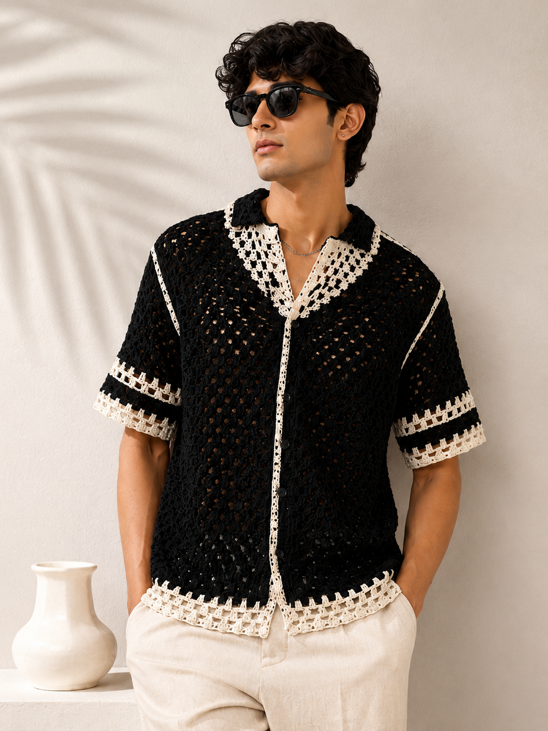 Men's Black Crochet Knit Shirt with White Contrast Trim | Summer Resort Wear