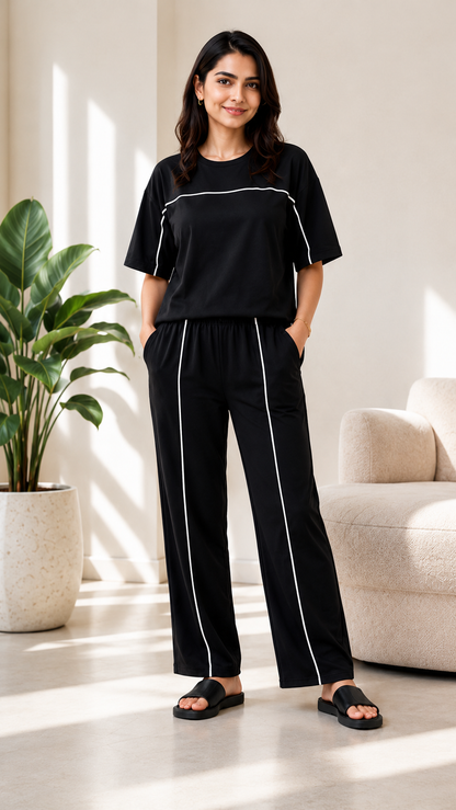 Women’s Black Co-ord Lounge Set | Premium Relaxed Fit T-Shirt & Straight Pants Set