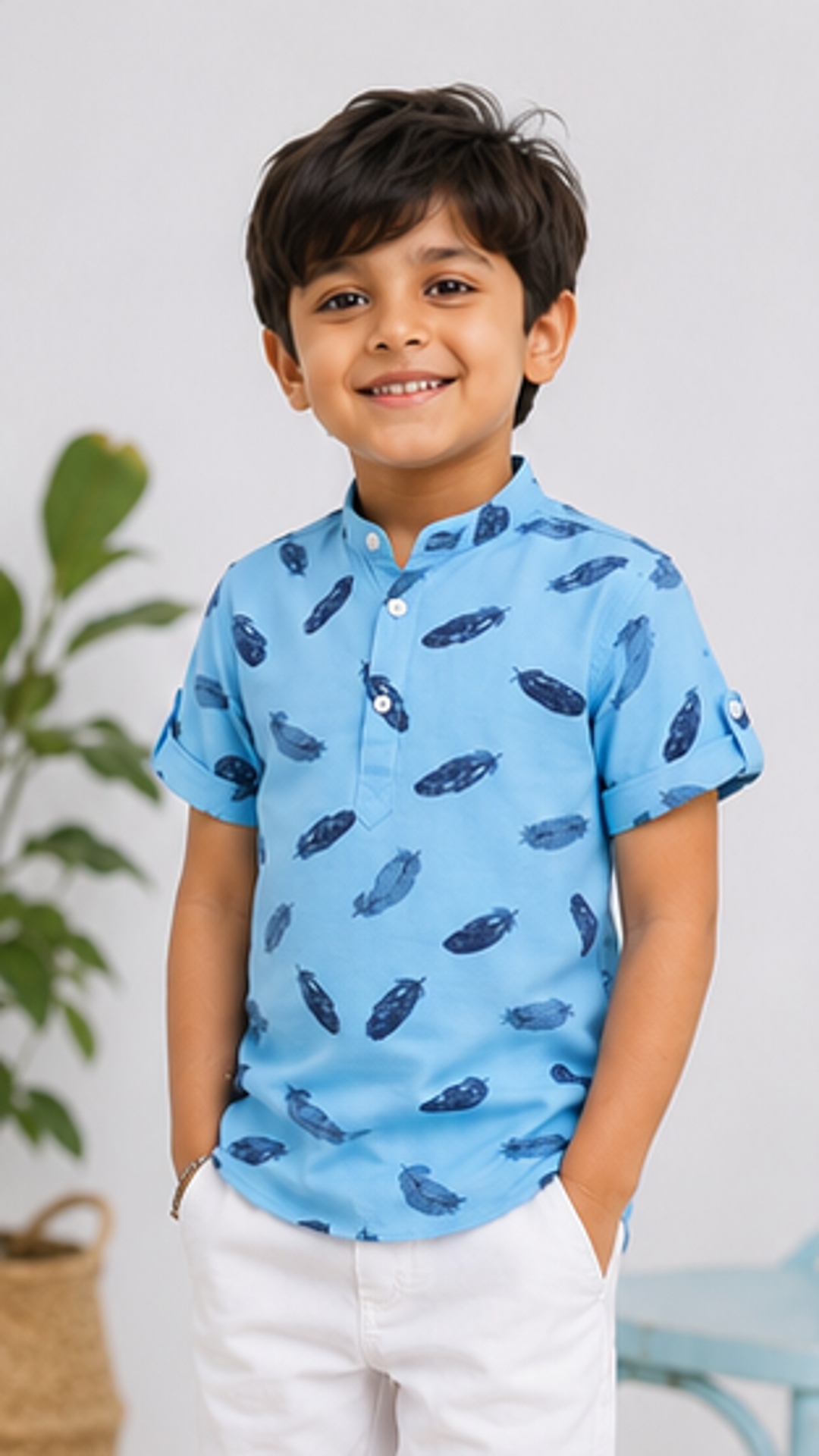 Boys Sky Blue Feather Print Mandarin Collar Shirt (Full Sleeve)
