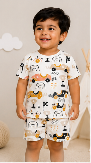 Kids Racing Car Print Co-ord Set | Trendy Car Graphic T-Shirt & Shorts Summer Outfit for Boys