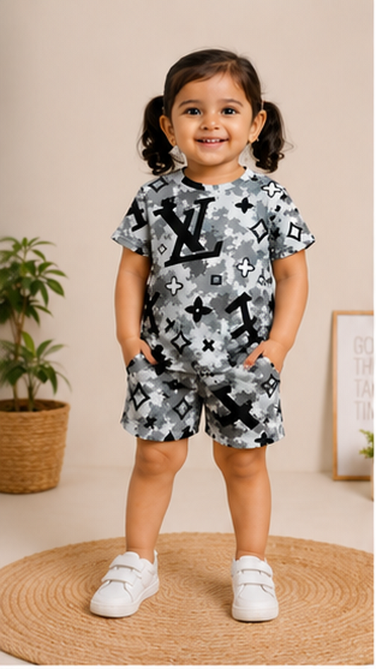 Grey Monogram Style Kids Co-Ord Set – Abstract Luxury Print T-Shirt & Shorts for Kids