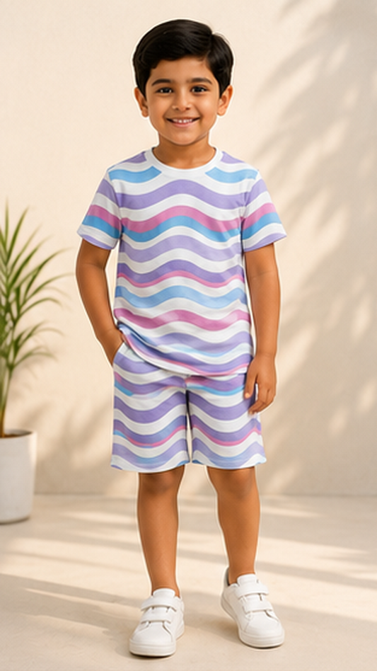 Pastel Wave Stripe Kids Co-Ord Set – Soft Cotton T-Shirt & Shorts Summer Outfit for Boys & Girls