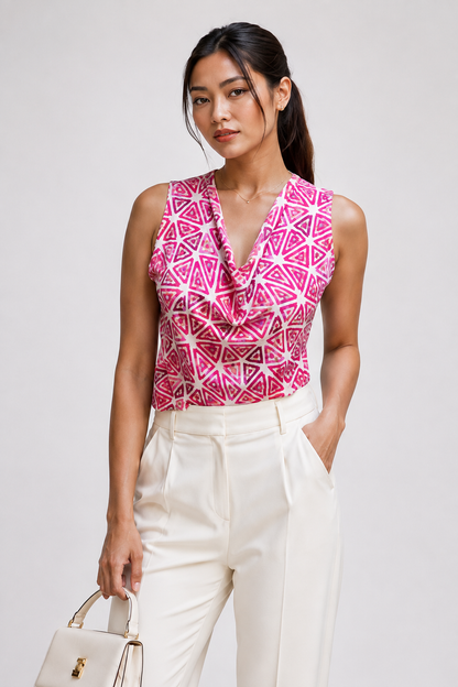 Horcun Women's Pink Geometric Print Cowl Neck Top | Stylish Sleeveless Top