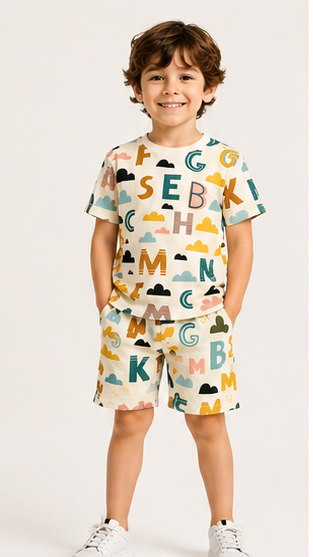Kids Alphabet Print Co-ord Set – Educational Cotton T-Shirt & Shorts Set for Boys & Girls