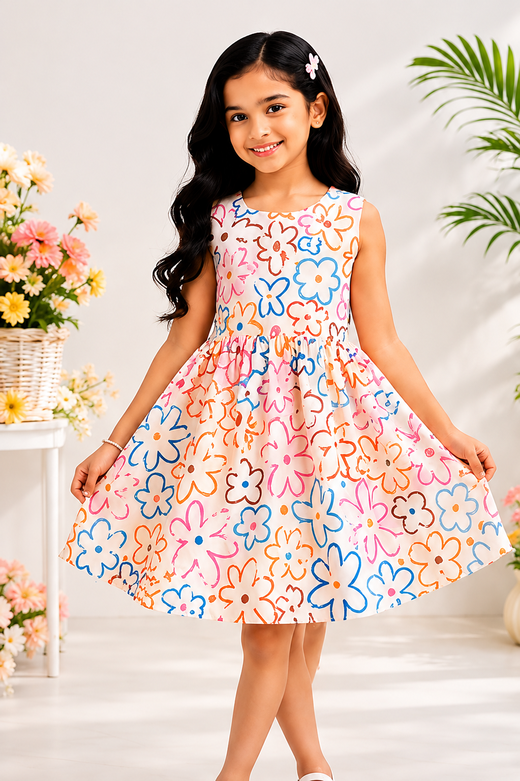 Girls Floral Print Sleeveless Cotton Dress – Soft Summer Casual Party Wear for Kids