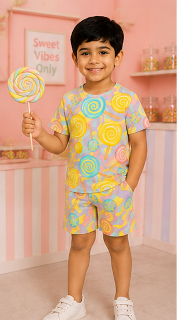 Candy Lollipop Print Kids Co-Ord Set – Soft Cotton T-Shirt & Shorts Summer Outfit for Boys & Girls