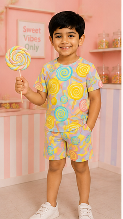 Candy Lollipop Print Kids Co-Ord Set – Soft Cotton T-Shirt & Shorts Summer Outfit for Boys & Girls