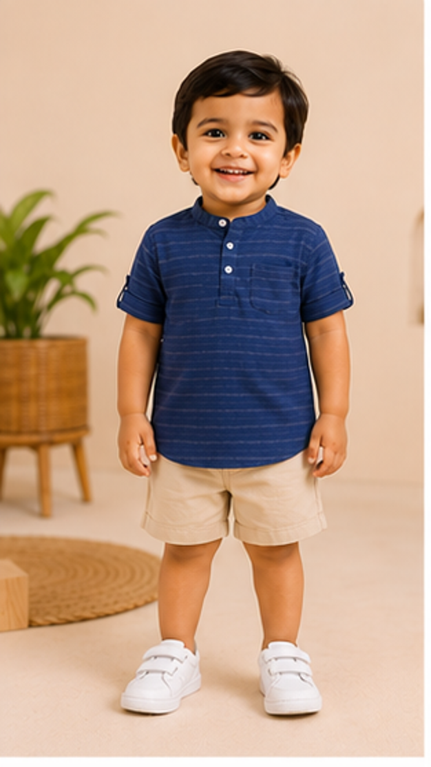 Boys Navy Blue Striped Mandarin Collar Shirt (Full Sleeve)
