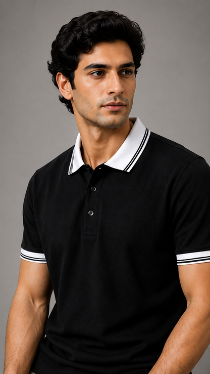 Men’s Premium Black Polo T-Shirt with White Contrast Collar & Sleeve Stripes