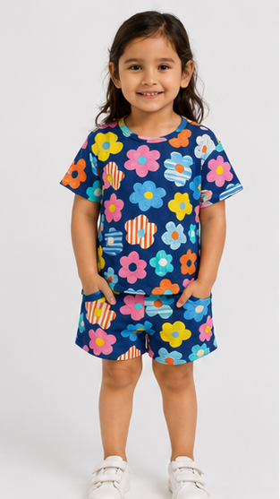 Colorful Floral Print Kids Co-Ord Set – Navy Blue Multicolor Flower T-Shirt & Shorts for Girls