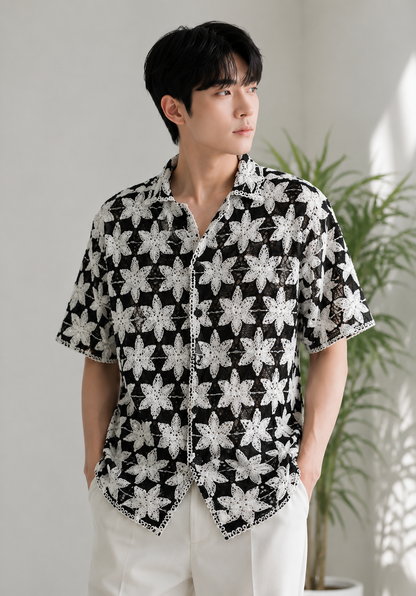 Men's Black & White Crochet Floral Knit Shirt – Handmade Luxury Resort Wear Shirt