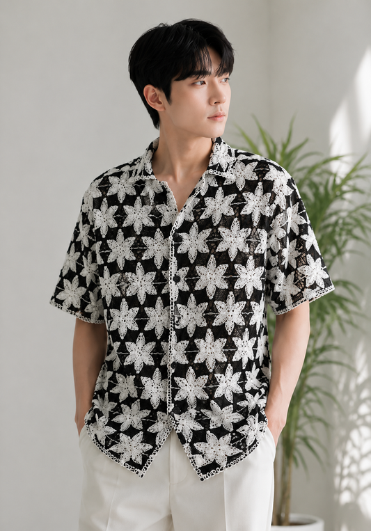 Men's Black & White Crochet Floral Knit Shirt – Handmade Luxury Resort Wear Shirt