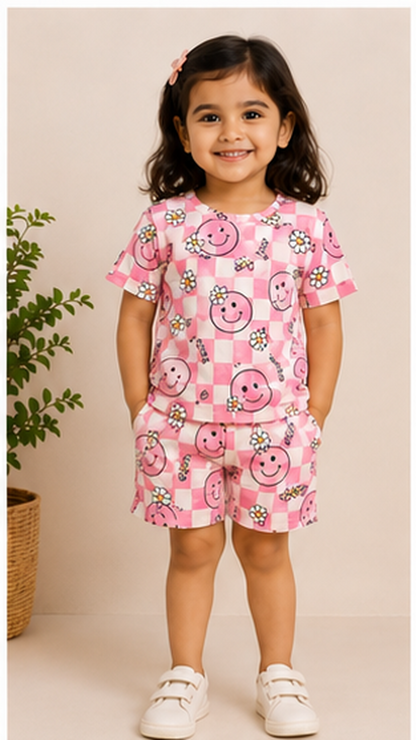 Pink Smiley Checkered Kids Co-Ord Set – Cute Daisy Print T-Shirt & Shorts for Girls