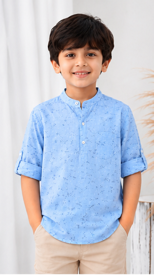 Boys Sky Blue Micro Print Cotton Short Kurta Shirt – Elegant Casual Kidswear