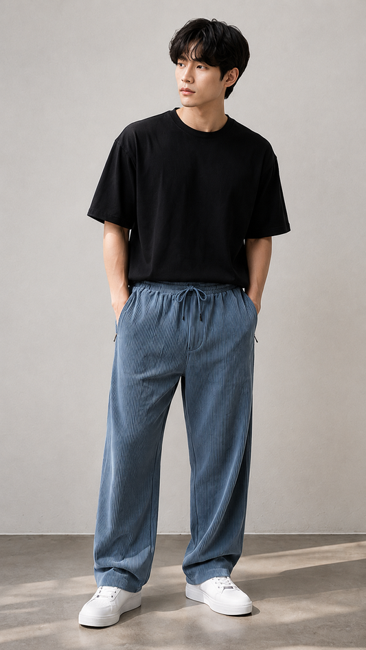 Horcun Men's Steel Blue Pleated Drawstring Trousers | Premium Relaxed Fit Pants