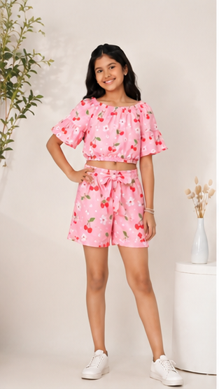 Girls Pink Cherry Print Off-Shoulder Co-ord Set with Tie-Up Shorts