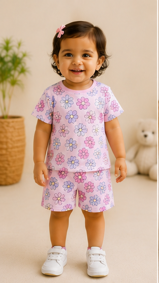 Pastel Floral Kids Co-Ord Set – Cute Daisy Print Cotton T-Shirt & Shorts Set