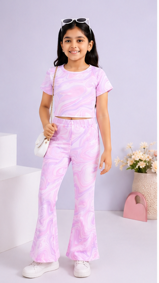 Girls Pastel Marble Co-Ord Set | Kids Crop Top & Flared Pants Outfit | Stylish Casual Wear for Girls