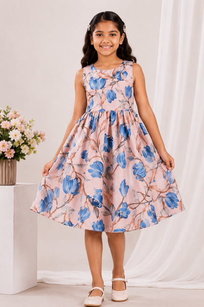 Girls Blush Pink & Blue Floral Print Fit & Flare Dress (Sleeveless)