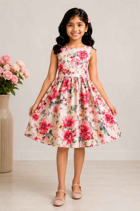 Girls Pink Floral Print Fit & Flare Dress (Sleeveless)