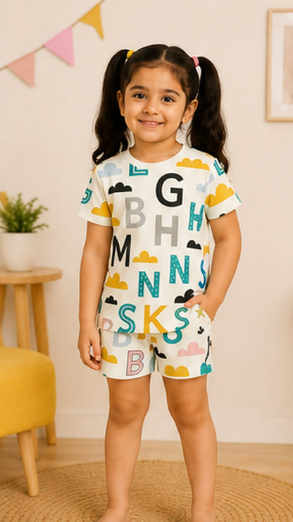 Alphabet Print Kids Co-Ord Set – Educational Cotton T-Shirt & Shorts Set