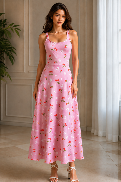 Horcun Women's Pink Cherry Blossom Printed Maxi Dress | Elegant Summer Wear