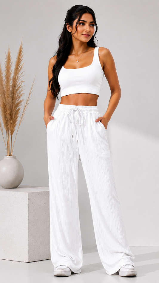 White Wide Leg Lounge Pants with Crop Tank Co-ord Set | Casual Summer Outfit for Women