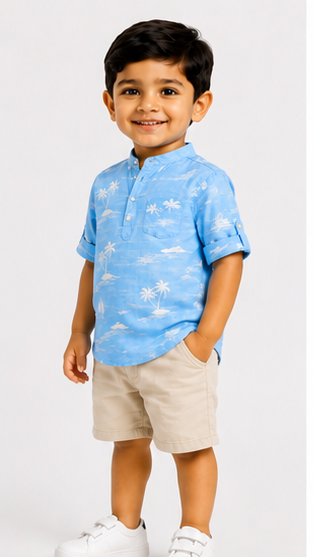 Boys Sky Blue Tropical Print Cotton Short Kurta Shirt – Summer Casual Kidswear