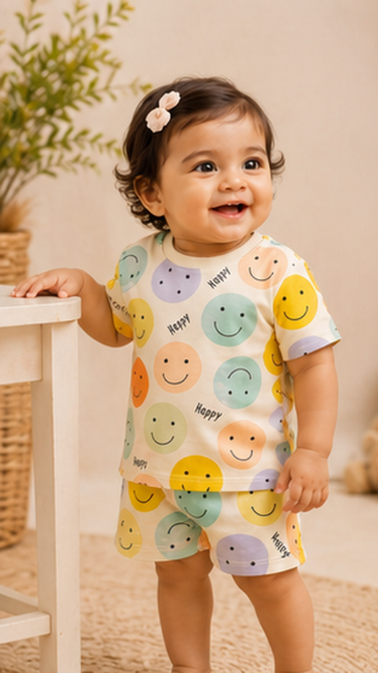 Happy Smiley Face Kids Co-Ord Set – Cute Printed Cotton T-Shirt & Shorts Set for Girls