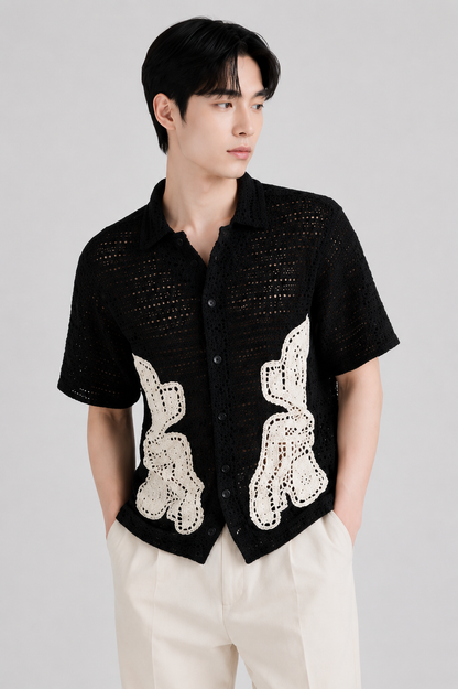 Men's Black Crochet Abstract Floral Shirt – Premium Handmade Open Knit Resort Wear Shirt