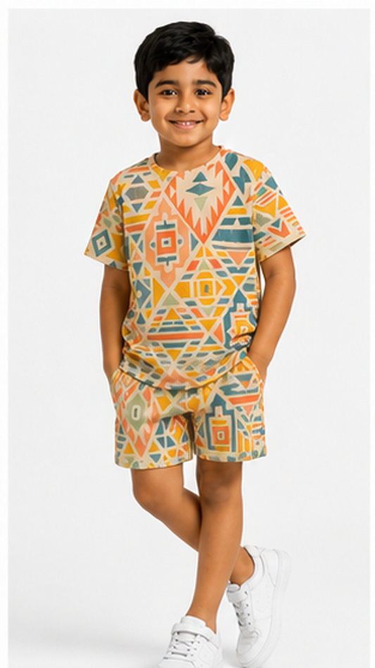 Kids Geometric Print Co-ord Set – Trendy Cotton T-Shirt & Shorts Set for Boys & Girls