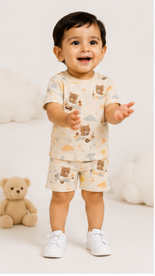 Cute Teddy Airplane Print Kids Co-Ord Set – Soft Cotton T-Shirt & Shorts Summer Outfit for Boys & Girls