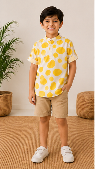 Boys White & Yellow Polka Dot Cotton Short Kurta Shirt – Trendy Summer Kidswear