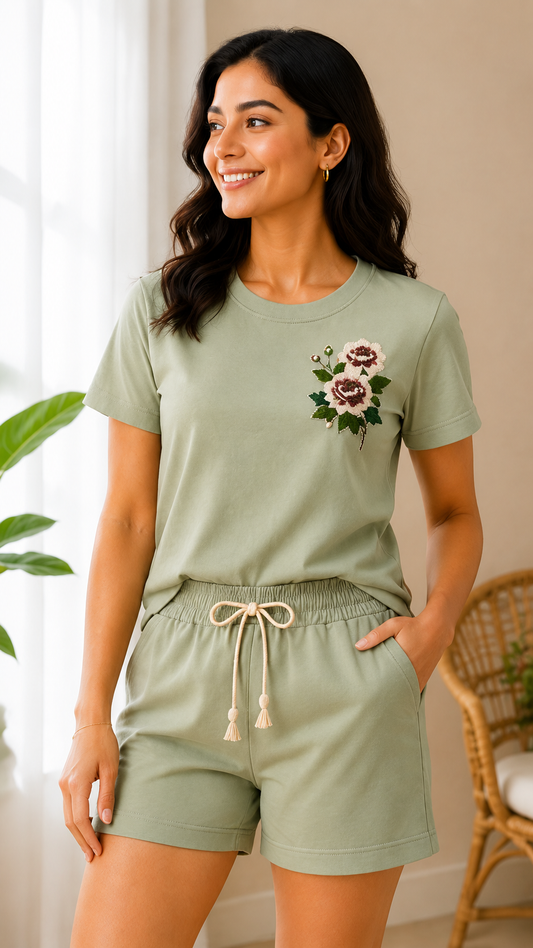 Women’s Sage Green Floral Embroidered Co-Ord Set – Casual T-Shirt & Shorts Lounge Wear