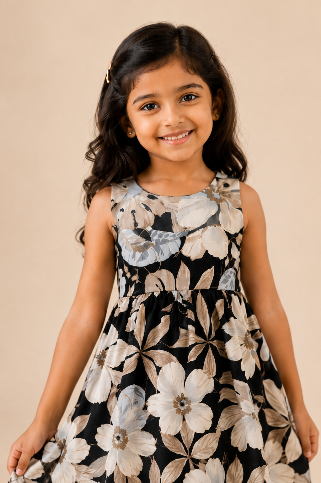 Girls Navy Blue & White Floral Print Fit & Flare Dress (Sleeveless)