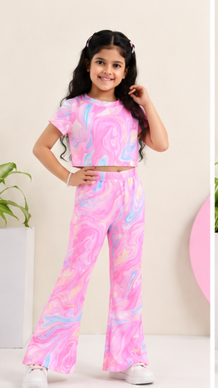 Girls Pink Marble Tie Dye Co-Ord Set | Kids Crop Top & Flared Pants Outfit | Trendy Western Wear for Girls