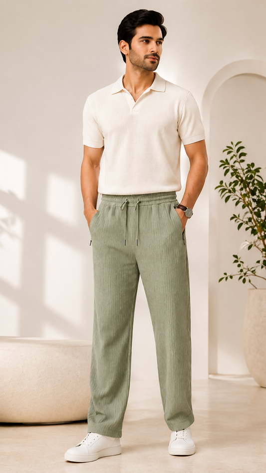 Pistachio Green Ribbed Track Pants for Men | Premium Relaxed Fit Textured Joggers with Zip Pockets