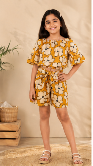 Girls Mustard Floral Off-Shoulder Co-ord Set with Tie-Up Shorts