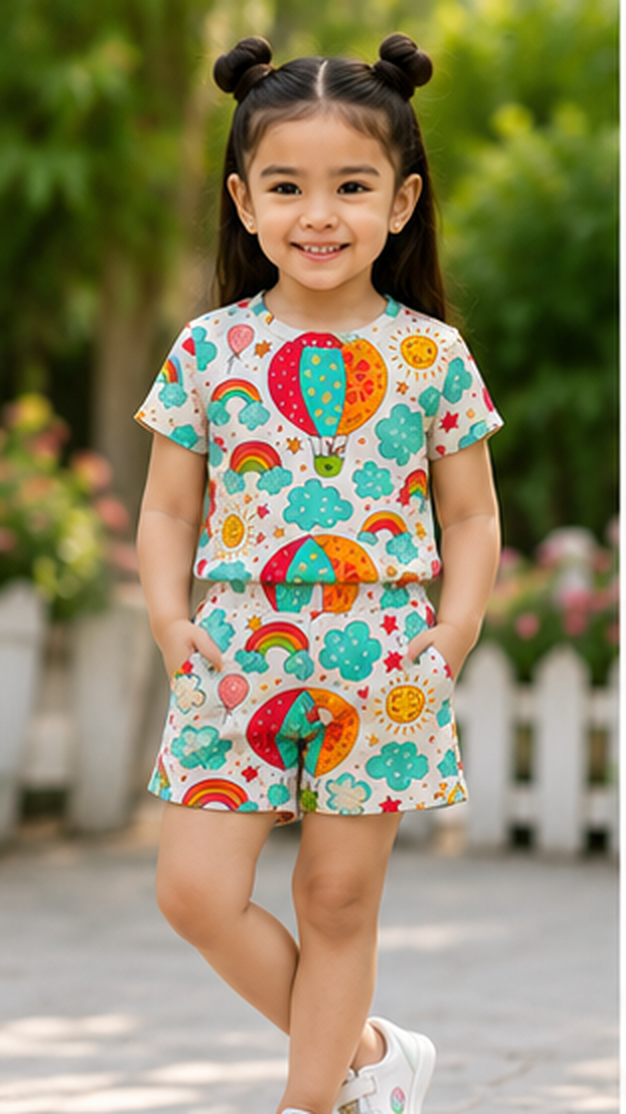 Rainbow Sky Balloon Print Kids Co-Ord Set – Cute Cloud & Sun Graphic T-Shirt & Shorts for Girls