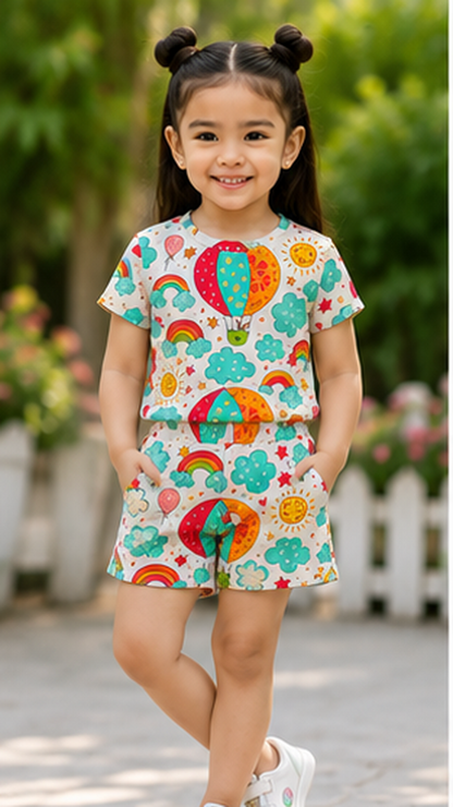 Rainbow Sky Balloon Print Kids Co-Ord Set – Cute Cloud & Sun Graphic T-Shirt & Shorts for Girls